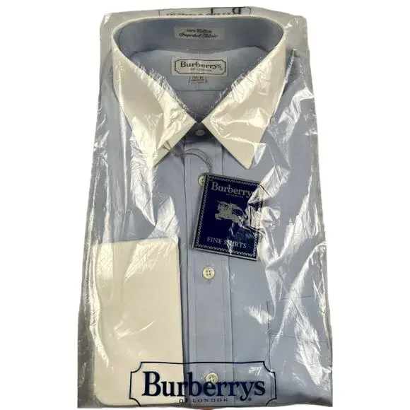 Burberrys of London NWT Blue Dress Shirt 17.5 35 White Collar French Cuff VTG